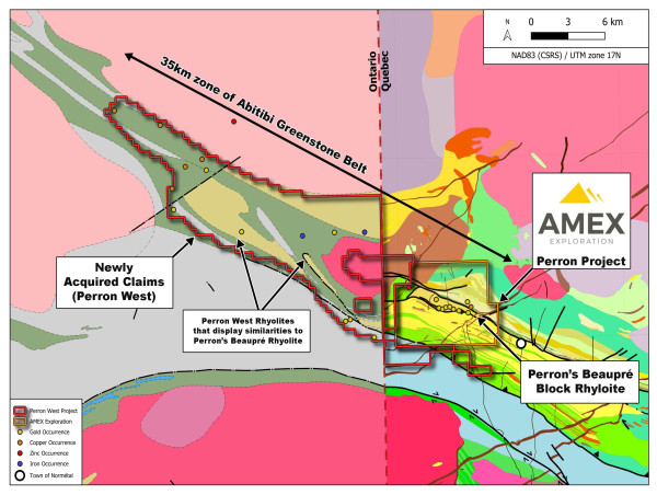  Amex acquiert la propriété stratégique de Perron Ouest - qui forme un ensemble de terrains à l'échelle du district à Perron 