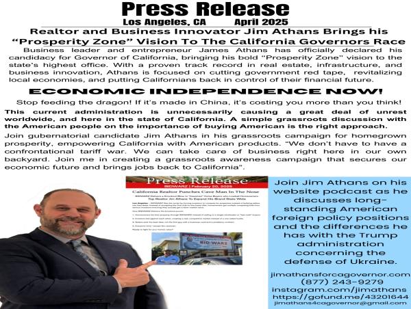 Progressive Republican Realtor Jim Athans Brings His 'PROSPERITY ZONE' Vision To The California Governors Race