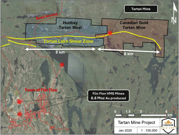 Canadian Gold Corp. Signs Definitive Agreement with Option to Acquire Tartan West Property from Hudbay Minerals Inc. Unlocking an Additional 8 km of the Tartan Shear Zone Where Historic Shallow Drilling Returned 44.2 gpt over 2.5 Metres, 68.9 gpt over 1.1 Metres, 60 gpt over 1.1 Metres and 595.2 gpt over 0.2 Metres