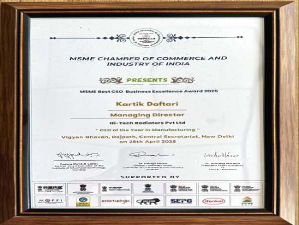 Kartik Daftari of Hi-Tech Radiators Honored as MSME CEO of the Year by MSME Chamber of Commerce and Industry of India
