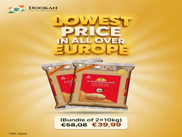 Dookan Sets Price of €39.99 for Aashirvaad Whole Wheat Atta Bundle (2x10kg)