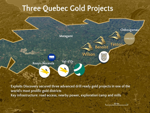 Exploits Enters into Option Agreement for 3 Advanced Gold Exploration Projects in Québec