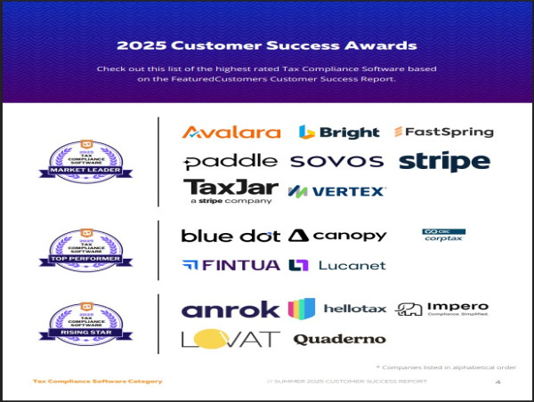 The Top Tax Compliance Software Vendors According to the FeaturedCustomers Summer 2025 Customer Success Report Rankings 