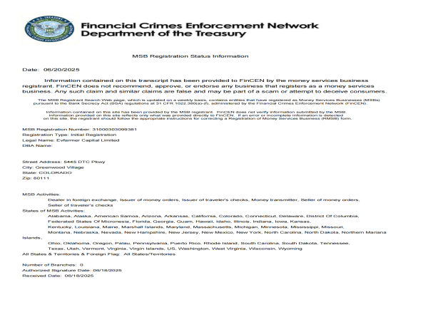  Evfarmer Announces Approval of MSB License by the U.S. Financial Crimes Enforcement Network (FinCEN) 