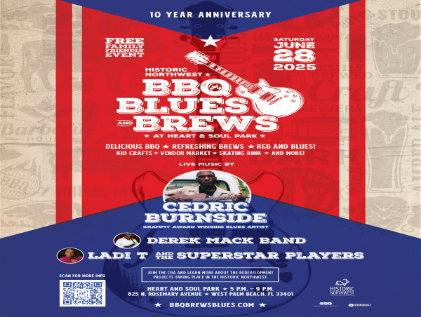  10th Annual West Palm Beach BBQ, Blues and Brews festival in West Palm Beach’s Heart & Soul Park Saturday, June 28th 