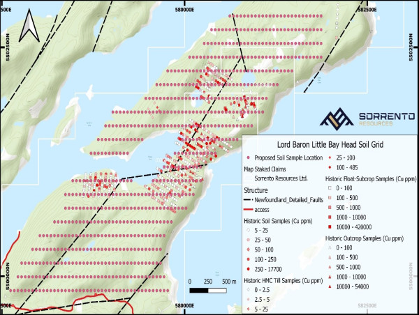  Sorrento Resources Announces Commencement of Soil and Rock Sampling on the Copper-Gold Lord Baron Project, Newfoundland 