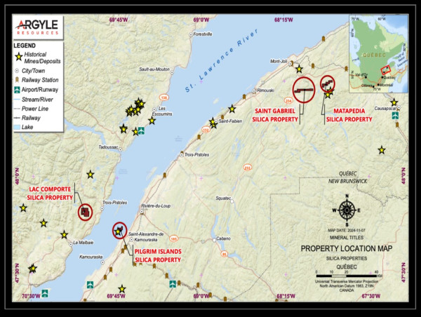  Argyle Resources Corp. Announces Preliminary Remote Sensing Results for Lac Comporte Silica Project, Quebec 
