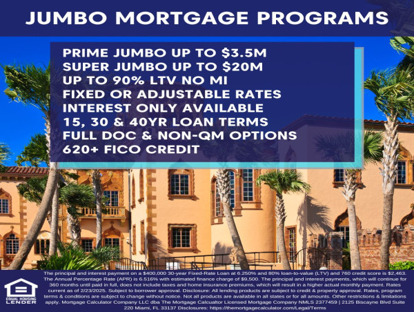  Jumbo Mortgage Rates as Low as 6.250% The Mortgage Calculator Reveals Enhanced Jumbo Loan Calculator 