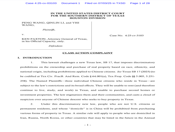  CALDA Files Federal Lawsuit to Block Texas’ SB 17 — A New Land Ban Alleged to Target Chinese Americans 