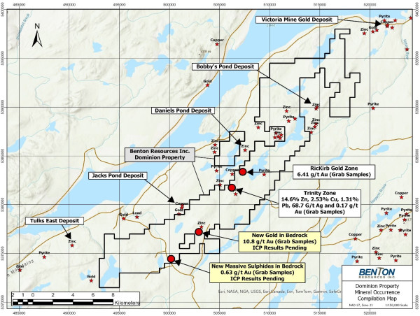 Benton Discovers Multiple Areas of Massive Sulphides and Gold Showings on Its Newly Acquired Dominion Project, Options Additional Ground and Starts Large Soil Sampling Program on Southern Great Burnt