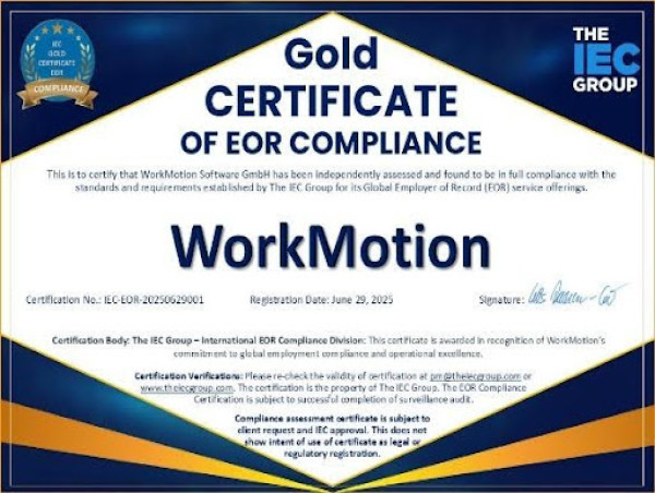 IEC Group Launches Gold Compliance Certification: WorkMotion Becomes First EOR to Achieve Landmark Recognition