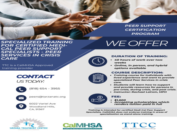 Free Peer Support Certification Now Available Through Tarzana Treatment Centers College