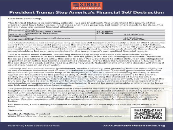 Main Street Economics’ Wall Street Journal Ad Urges President Trump to Act on Looming U.S. Debt Crisis