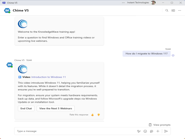  New Partnership Between Instant Technologies and KnowledgeWave Brings On-Demand Training to Microsoft Teams Chat 