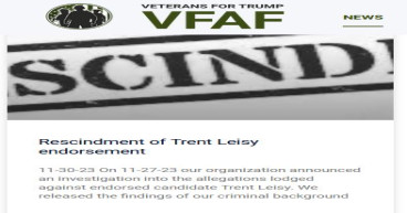 Trent Leisy (CO4) endorsements rescinded by VFAF Veterans for Trump and Legacy PAC