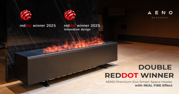 AENO Premium Eco Smart Heizstrahler mit echtem Feuereffekt wurde 2025 mit zwei Red Dot Design Awards ausgezeichnet