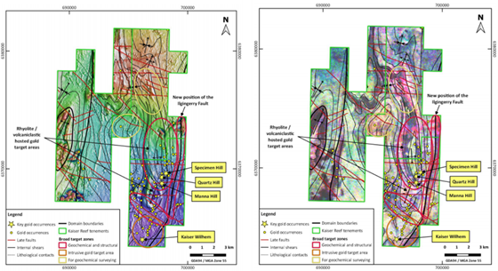 Magnetic Intensity image (L), Potassium alteration and prospects over the project area (R) Source: Kaiser Reef Limited