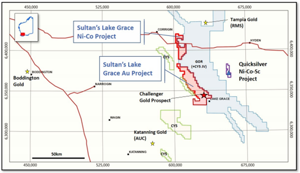 Regional map view of Sultan’s Lake Grace portfolio in relation to surrounding tenure and significant gold deposits Source: Sultan Resources