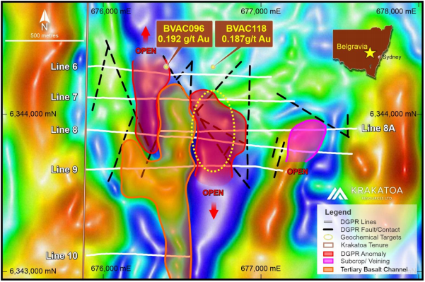 DPGR survey across the Bella Target Area with composite representation of DGPR anomalies (Source: ASX Announcement)