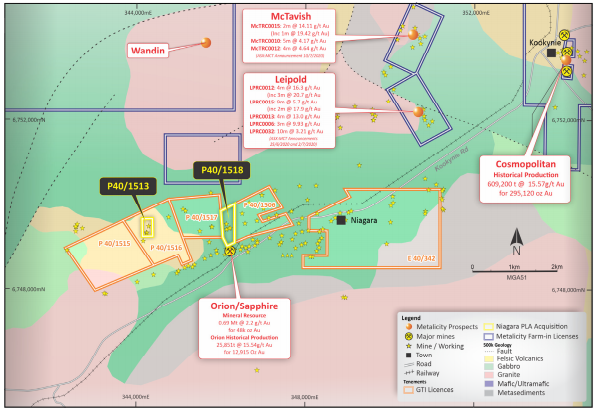 Licences &  Mineral  Occurrences  on  1:500,000  Geology at Niagara (Kookynie) Project (Source: ASX Report, 27 August 2020)