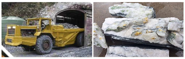 Portal to the A1 underground mine (L), High grade quartz vein with visible gold (R): Source: Kaiser Reef ASX Update 1 October 2020