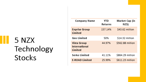 NZX Technology stocks with their market cap and YTD returns