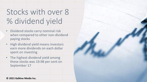 The highest dividend yield posted by one of these dividend stocks was 19.98 per cent on September 17, 2021.