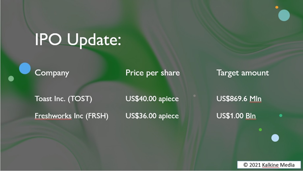 Toast Inc (TOST) and Freshworks Inc (FRSH) launched their IPOs on Wednesday.