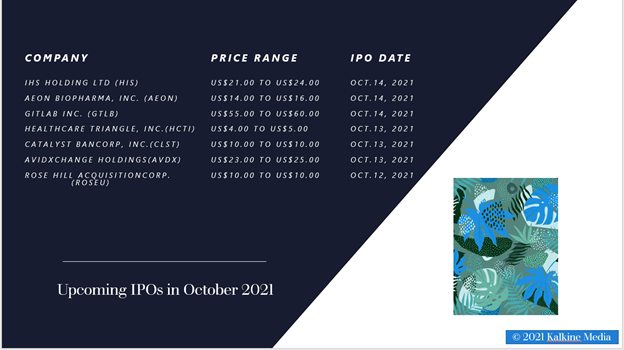 Upcoming IPOs in October: IHS Holding Ltd, AEON Biopharma, Inc., Gitlab Inc., Healthcare Triangle, Inc., Catalyst Bancorp, Inc., AvidXchange Holdings, Inc., and Rose Hill Acquisition Corp.)