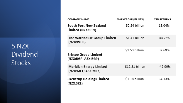 5 NZX dividend stocks, mkt cap, YTD returns