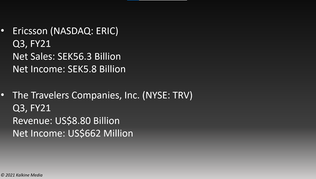 Third quarter earnings results of The Travelers Companies, Inc. (TRV) and Ericsson (ERIC).