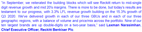 Reckitt Benckiser CEO comment on Q3 2021 results