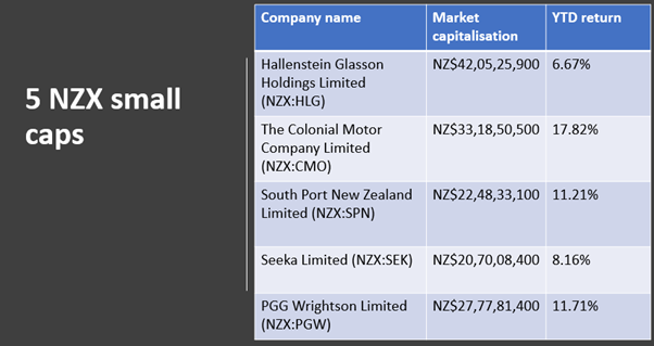 NZX-listed small-cap stocks- HLG, CMO, SPN, SEK, PGW