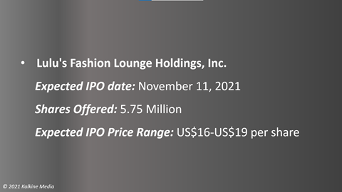 Lulu’s Fashion Lounge is expected made its market debut on November 11