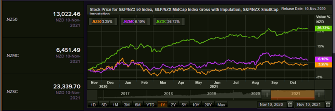 S&P/NZX 50 Index vs SmallCap Index vs MidCap Index &ndash; Performance Over One Year  Gainers and Losers: