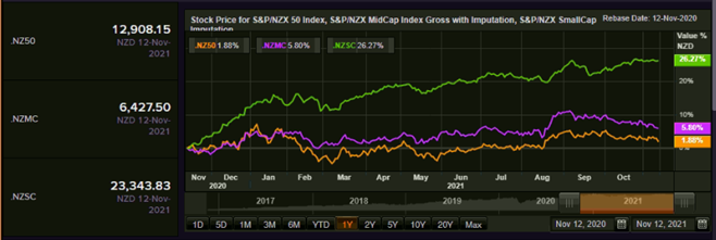 S&P/NZX 50 Index vs SmallCap Index vs MidCap Index &ndash; Performance Over One Year