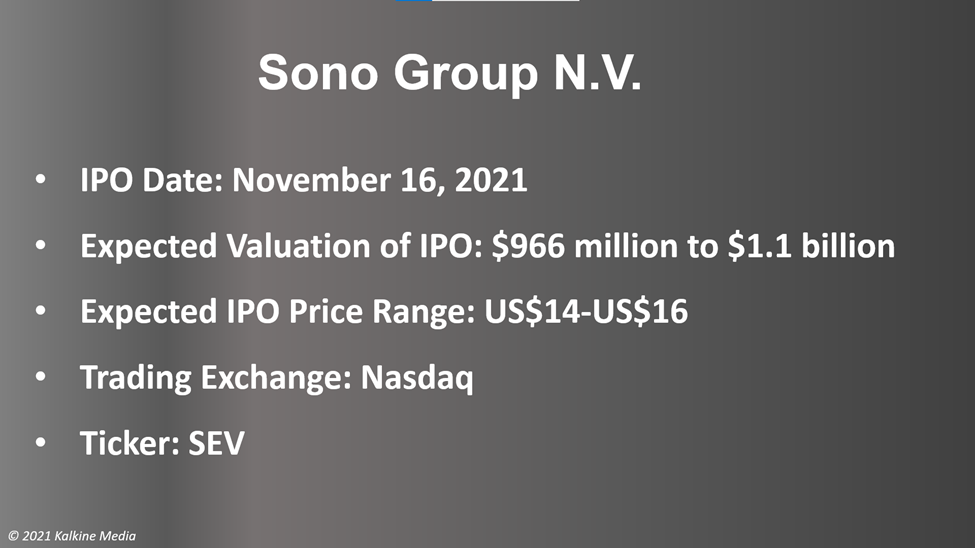 Sono Motors will start trading on Nasdaq after its IPO on Nov 16