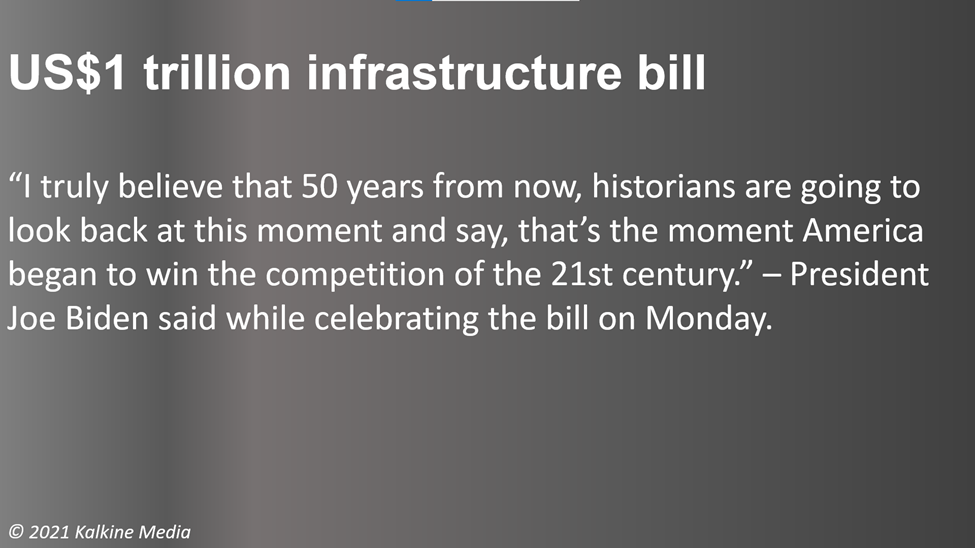 Biden signed a US$1 trillion bipartisan infrastructure bill into law on Monday