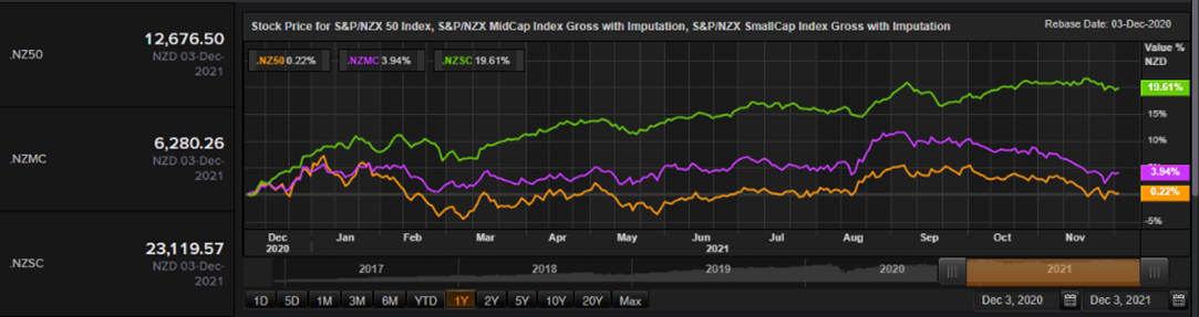 S&P/NZX 50 Index vs SmallCap Index vs MidCap Index – Performance Over One Year