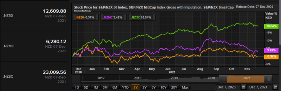 S&P/NZX 50 Index vs SmallCap Index vs MidCap Index – Performance Over One Year