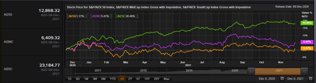 S&P/NZX 50 Index vs SmallCap Index vs MidCap Index – Performance Over One Year