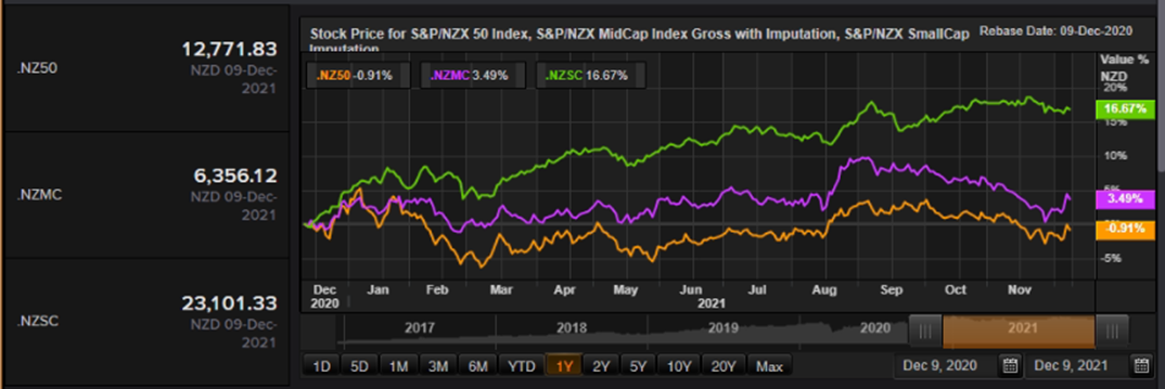 S&P/NZX 50 Index vs SmallCap Index vs MidCap Index – Performance Over One Year