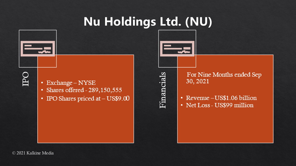 Nu Holdings Ltd. (NU) stock debuted in NYSE on Thursday, Nubank raised US$2.6 billion in IPO.