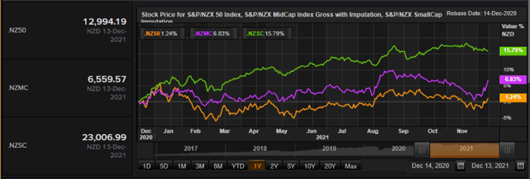 S&P/NZX 50 Index vs SmallCap Index vs MidCap Index – Performance Over One Year