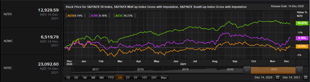 S&P/NZX 50 Index vs SmallCap Index vs MidCap Index &ndash; Performance Over One Year