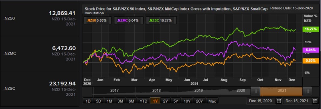 S&P/NZX 50 Index vs SmallCap Index vs MidCap Index – Performance Over One Year