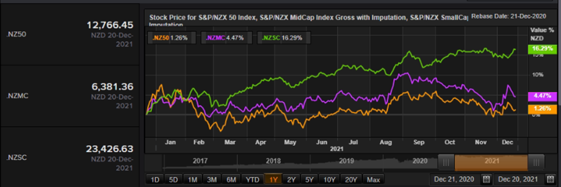 S&P/NZX 50 Index vs SmallCap Index vs MidCap Index – Performance Over One Year