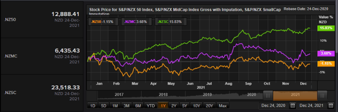 S&P/NZX 50 Index vs SmallCap Index vs MidCap Index &ndash; Performance Over One Year