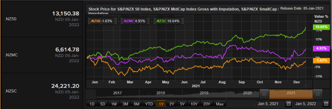 S&P/NZX 50 Index vs SmallCap Index vs MidCap Index – Performance Over One Year