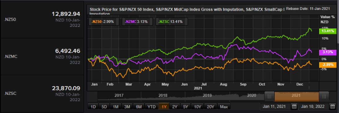 S&P/NZX 50 Index vs SmallCap Index vs MidCap Index – Performance Over One Year